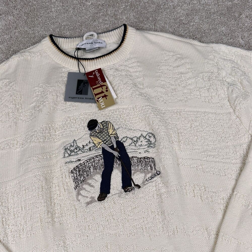 Cypress Links Golf Sweater Vintage Mens Size 48 Putt Crewneck Ivory Embroidered